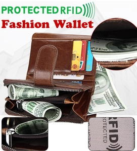 Λεπτομέρεια δερμάτινου πορτοφολιού RFID με υποδοχές καρτών και μεταλλική τσέπη με φερμουάρ