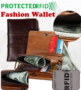 Detail view of RFID blocking lining and zipper pocket in vintage crazy horse leather wallet