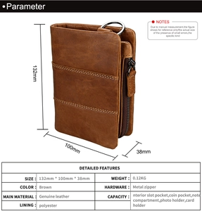Detailed size chart for retro genuine leather RFID wallet showing 132mm x 100mm dimensions