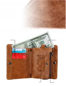 Detail view of brown crazy horse leather wallet with RFID card slots and zip coin pocket
