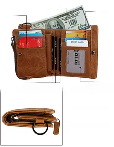 Macro view of RFID blocking brown vintage leather wallet with multiple card slots