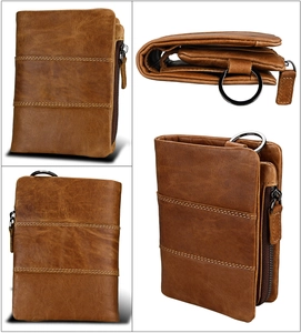 Detailed views of brown crazy horse leather wallet with RFID blocking and zip coin pocket