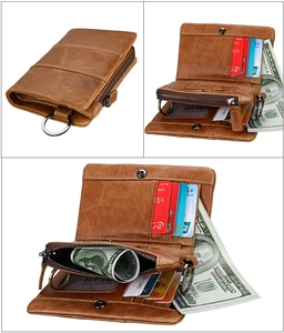Detail of vintage leather RFID wallet with multi-card slots and secure zip coin pocket