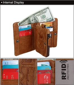 Detailed internal display of genuine crazy horse leather wallet with RFID card slots
