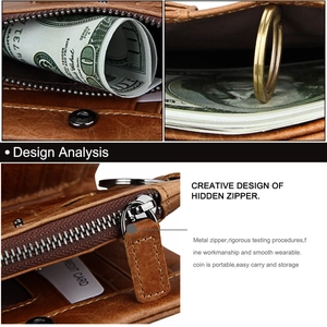 Detail view of RFID genuine leather wallet showing hidden zipper pocket and key ring