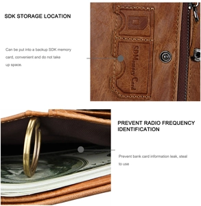 Detail view of RFID blocking layer and SD memory card slot in a genuine leather wallet