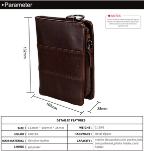 Brown genuine leather wallet dimensions 132mm by 100mm with metal zipper and RFID details