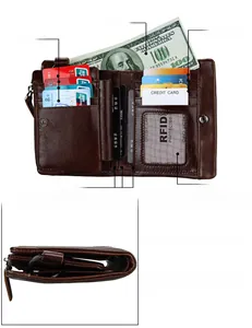 Detailed view of brown leather wallet with RFID slots and trifold interior structure