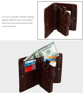 Detail of crazy horse leather wallet showing card slots, coin pocket and key ring