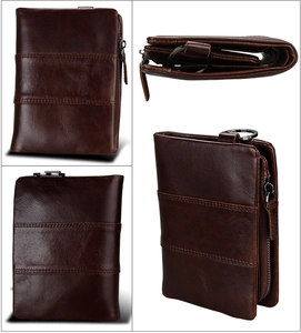 Detailed views of dark brown crazy horse leather wallet with RFID and key ring
