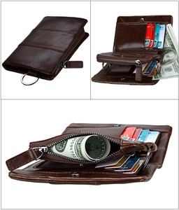 Detailed views of multi-functional RFID leather wallet with zip pocket and key ring