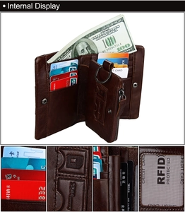 Internal view of brown leather wallet showing card slots and RFID protection detail