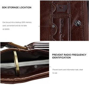 Detail of genuine leather wallet featuring SD card slots, RFID protection, and key ring