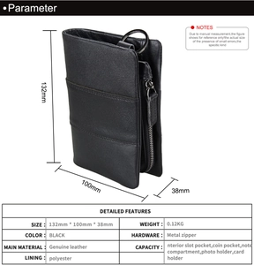 Detailed size chart of genuine leather RFID wallet showing 132x100x38mm dimensions