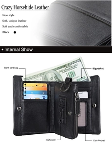 Detailed view of genuine crazy horse leather wallet with RFID slots and zip coin pocket