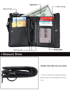 Detailed view of black leather wallet features, RFID protection slots and photo holder