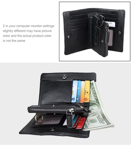 Detail of RFID blocking leather wallet featuring card slots, coin pocket, and key ring