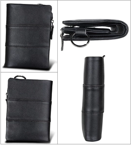 Detail view of black crazy horse leather wallet with RFID blocking and metal hook ring
