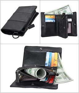 Detail view of black leather wallet features interior card slots and zipper coin pocket