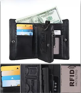Internal display of men's leather wallet with multi-card slots and RFID protection