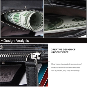 Detail of genuine leather wallet featuring hidden metal zipper and RFID protection layer