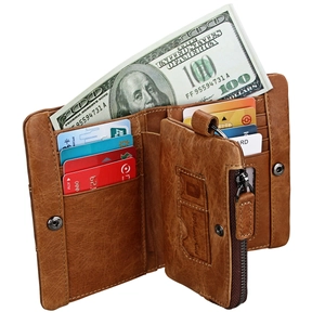 Retro brown genuine leather trifold wallet with RFID protection and multiple slots