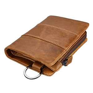 Retro brown genuine leather RFID men's wallet with side zipper and metal key ring