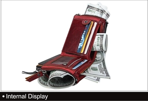 Internal display of wine red leather wallet featuring RFID blocking slots and zipper pocket