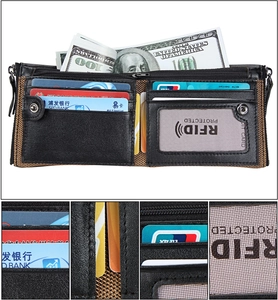 Detail of genuine leather RFID wallet with card slots and zipper pocket for security