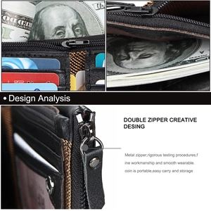 Detailed view of the double zipper and internal leather slots of the RFID men's wallet