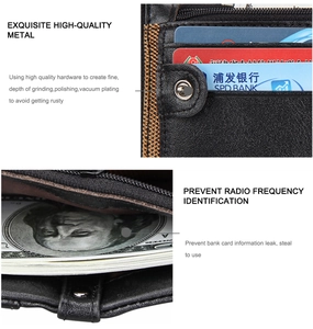 Detailed close-up of genuine leather wallet showing RFID blocking slots and metal snap
