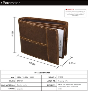 Detailansicht der braunen Ledergeldbörse mit Maßen 12cm x 9,5cm und Produktbeschreibungen