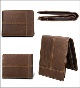 Detailansichten einer dunkelbraunen Bifold-Herrenbörse aus Vintage-Crazy-Horse-Leder