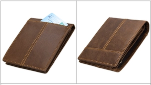 Detailansicht der dunkelbraunen Ledergeldbörse mit Vintage-Nähten und vielen Kartenfächern