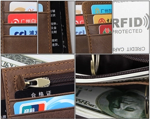 Detailansicht der braunen Vintage-Lederbörse mit Kartenfächern und RFID-Schutz