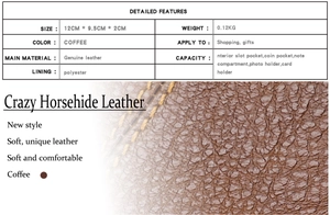 Detailliertes Datenblatt mit Maßen 12x9,5x2cm und Textur von kaffeebraunem Crazy-Horse-Leder