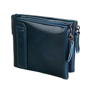 Teal genuine leather wallet with RFID blocking and double metal zippers for extra storage