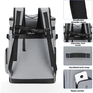 Detail view of breathable mesh shoulder straps and adjustable chest buckle on gray backpack