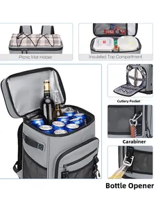 Detailed view of insulated backpack with cutlery storage and wine bottle compartments
