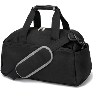 Close-up of black gym bag showing durable oxford fabric texture and grey trim details