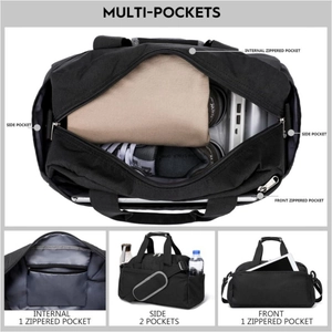 Macro view of multi-pocket storage system in a lightweight black gym duffel bag