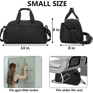 Detailed small gym bag dimensions showing 14x8x8 inch size and locker storage fit