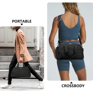 Detailed views of small black fitness bag showing portable hand-carry and crossbody modes