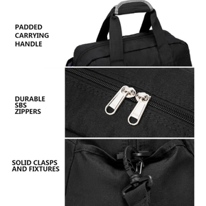 Detail of reinforced padded handle, SBS metal zippers, and durable hooks on black gym bag