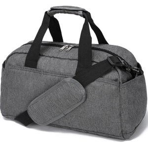 Detail of dark grey fitness bag with durable nylon handles and adjustable shoulder strap