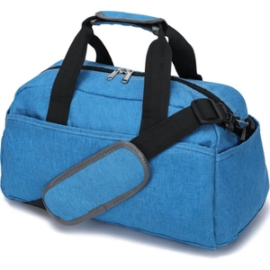 Close-up of durable navy blue fitness bag with dual handles and padded shoulder strap