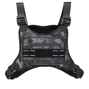 Tactical chest bag in dark gray camouflage with adjustable straps and breathable mesh back