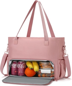 Rosa Kühltasche mit Detailansicht des isolierten Bodenfachs für Getränke und Obst