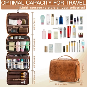 Brown leather travel toiletry bag with 3-in-1 hanging design and 4 waterproof layers