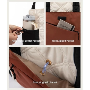 Detail of quilted tote bag featuring 42oz water bottle pocket and magnetic front clasp